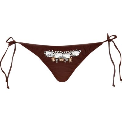 Dark brown embellished bikini briefs