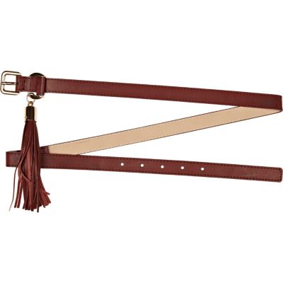 Dark red tassel skinny belt