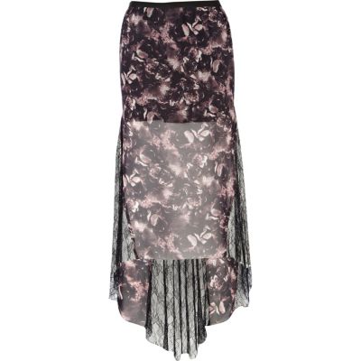 Black print fishtail lace maxi skirt