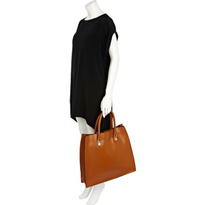 Dark beige leather hard tote bag