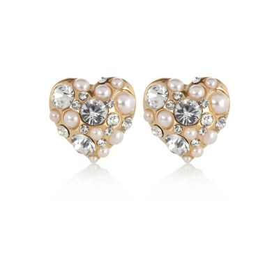 Gold tone pearl heart stud earrings