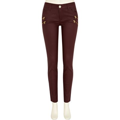 Dark red ellys coated zip super skinny jeans