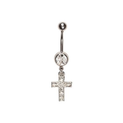 Silver tone diamante cross dangle belly bar