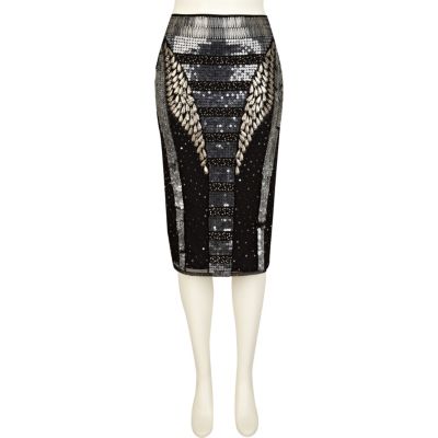 Black futuristic sequin pencil skirt