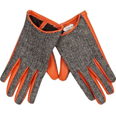 Orange leather look grey tweed gloves