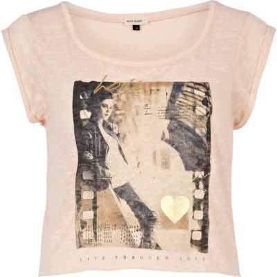 Pink live love print crop t-shirt