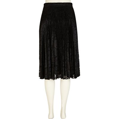 Black lace pleated midi skirt