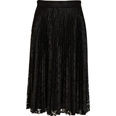 Black lace pleated midi skirt