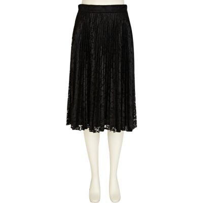 Black lace pleated midi skirt