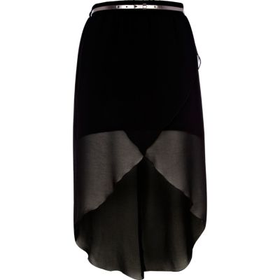 Black wrap front dip hem maxi skirt
