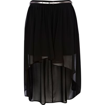 Black chiffon dip hem midi skirt