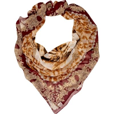 Dark red tiger face print square scare