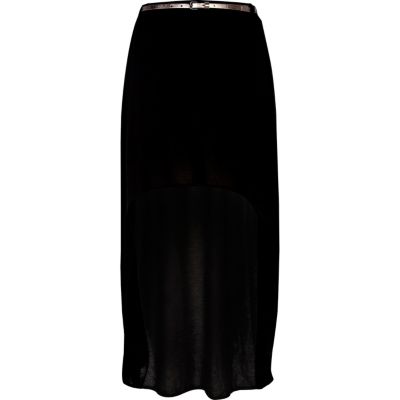 Black dip hem belted maxi skirt