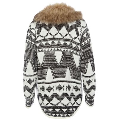 Cream fairisle faux fur collar cardigan