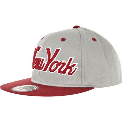 Light grey and red ny snapback trucker hat