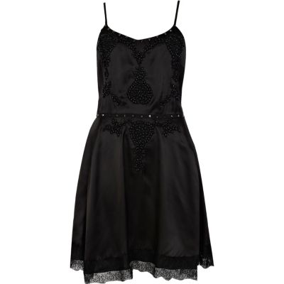 Black embellished satin dress
