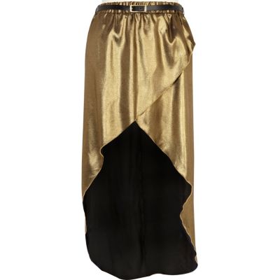 Gold wrap front belted maxi skirt