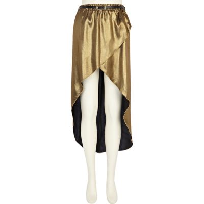 Gold wrap front belted maxi skirt