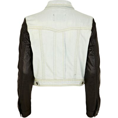 Light wash leather look sleeve denim jacket