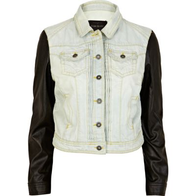 Light wash leather look sleeve denim jacket