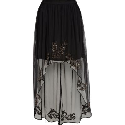 Black baroque embellished dip hem maxi skirt