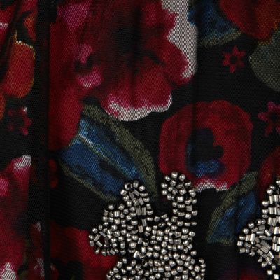 Red floral print sequin overlay mini skirt 