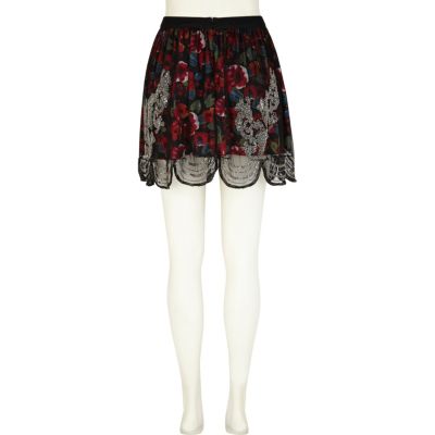 Red floral print sequin overlay mini skirt 