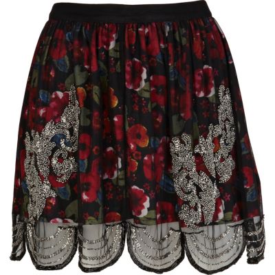 Red floral print sequin overlay mini skirt 