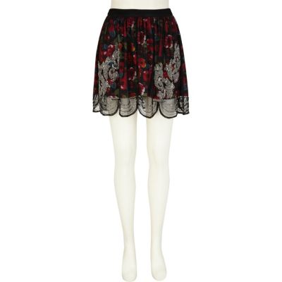 Red floral print sequin overlay mini skirt 