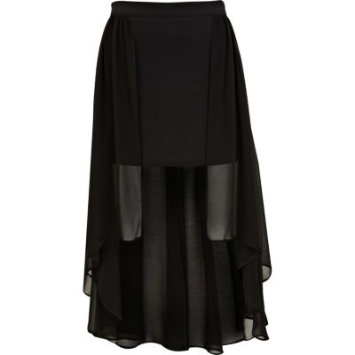 Black chiffon drape dip hem maxi skirt