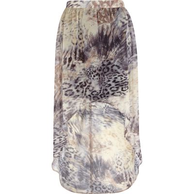Beige leopard print dip hem maxi skirt