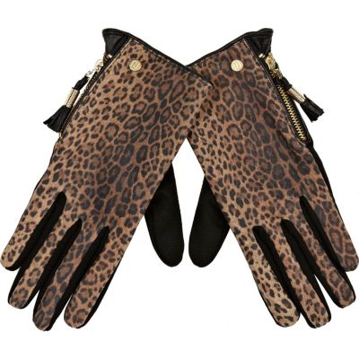 Brown leopard print suede gloves