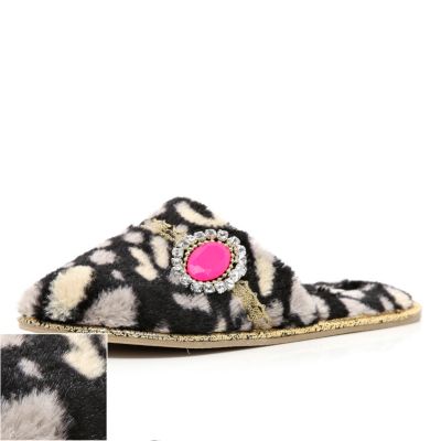 Leopard print jewel mule slippers