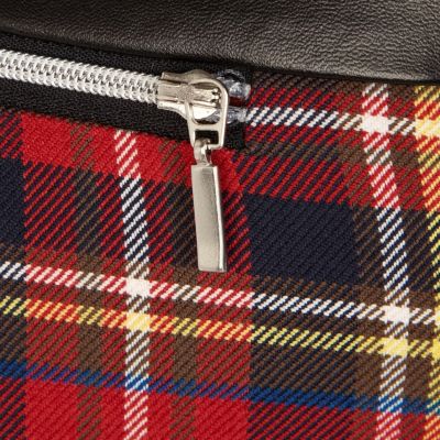 Red tartan PU detail trousers
