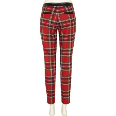 Red tartan PU detail trousers