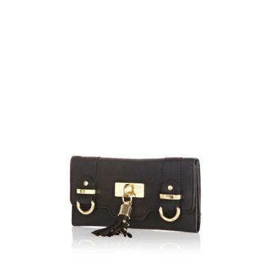 Black leather tassel front purse