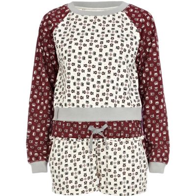 Cream owl print pyjama top and shorts set