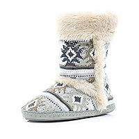 Grey aztec knit fluffy lined slipper boots