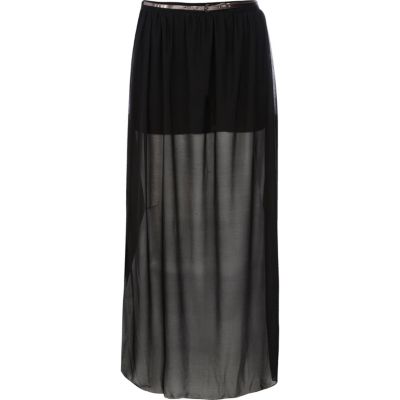 Black sheer belted maxi skirt