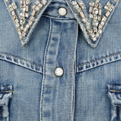 Light wash denim diamante collar outer shirt 
