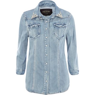 Light wash denim diamante collar outer shirt 