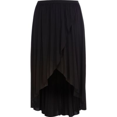 Black pleated wrap front midi skirt