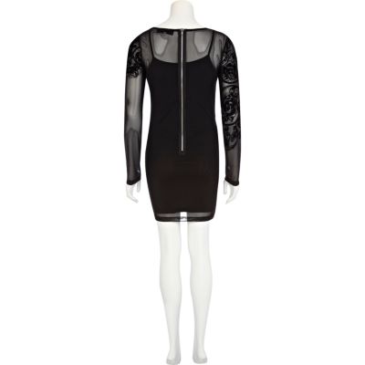 Black flocked mesh bodycon dress