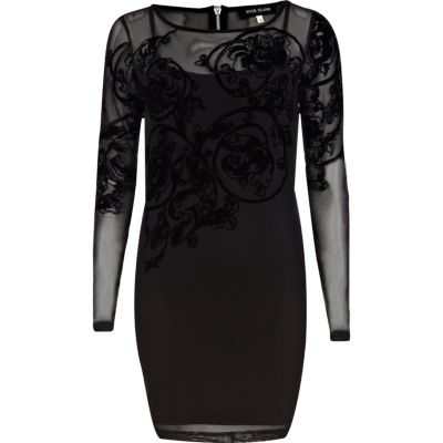 Black flocked mesh bodycon dress