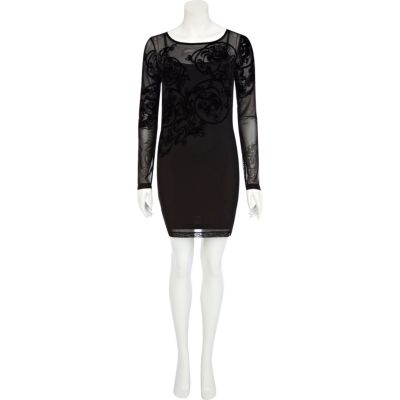 Black flocked mesh bodycon dress