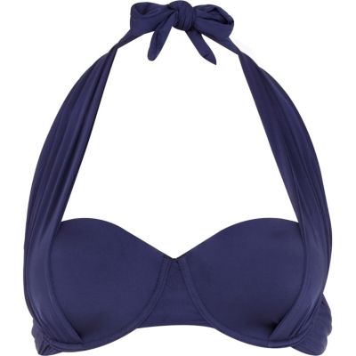 Navy drape push-up halter neck bikini top