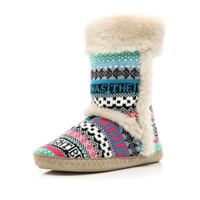 Blue Christmas knit fluffy slipper boots