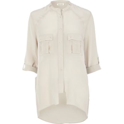Light grey oversized silk utility shirt