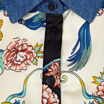 Black oriental print denim collar blouse