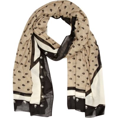 Beige and black skull print scarf